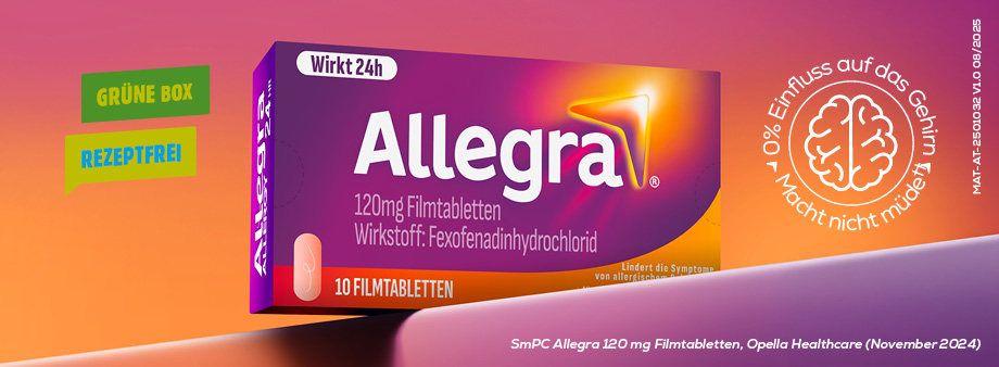 Allegra 120mg Filmtabletten-Packung. Lila Schachtel mit Produktnamen. 10 Tabletten. Grün: Rezeptfrei. Macht nicht müde.